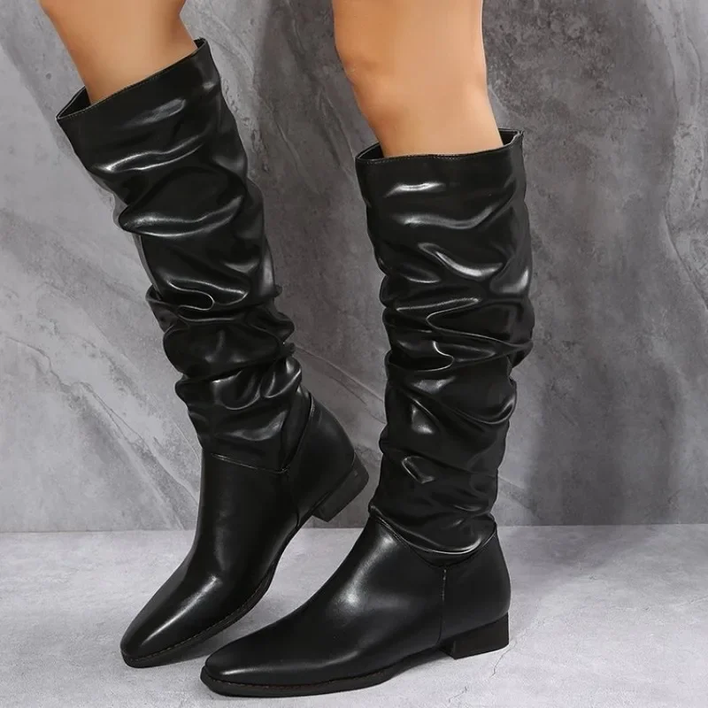 Shoes for Women 2023 Spring Knee High Boots Red Black White Tall Boots Woman Pleated Low Heel Casual Leather Female Long Shoes