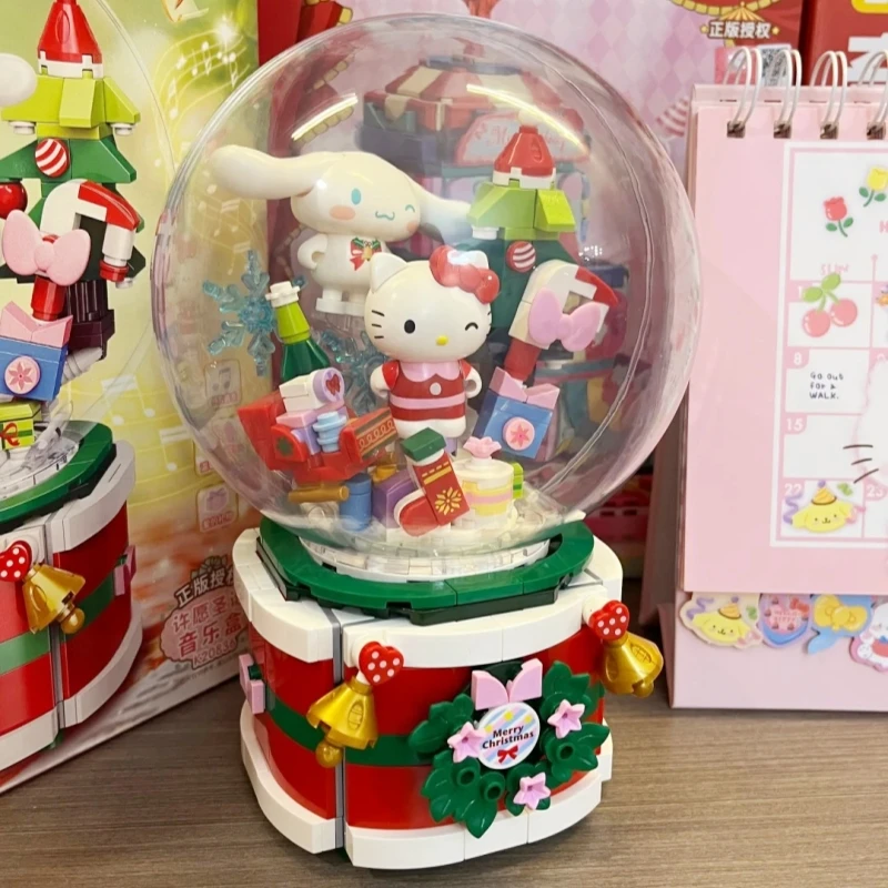 Keeppley Building Blocks Sanrio Wishing Christmas Music Box Hello Kitty Cinnamoroll Splicing Movable Toy Model Ornaments Gift
