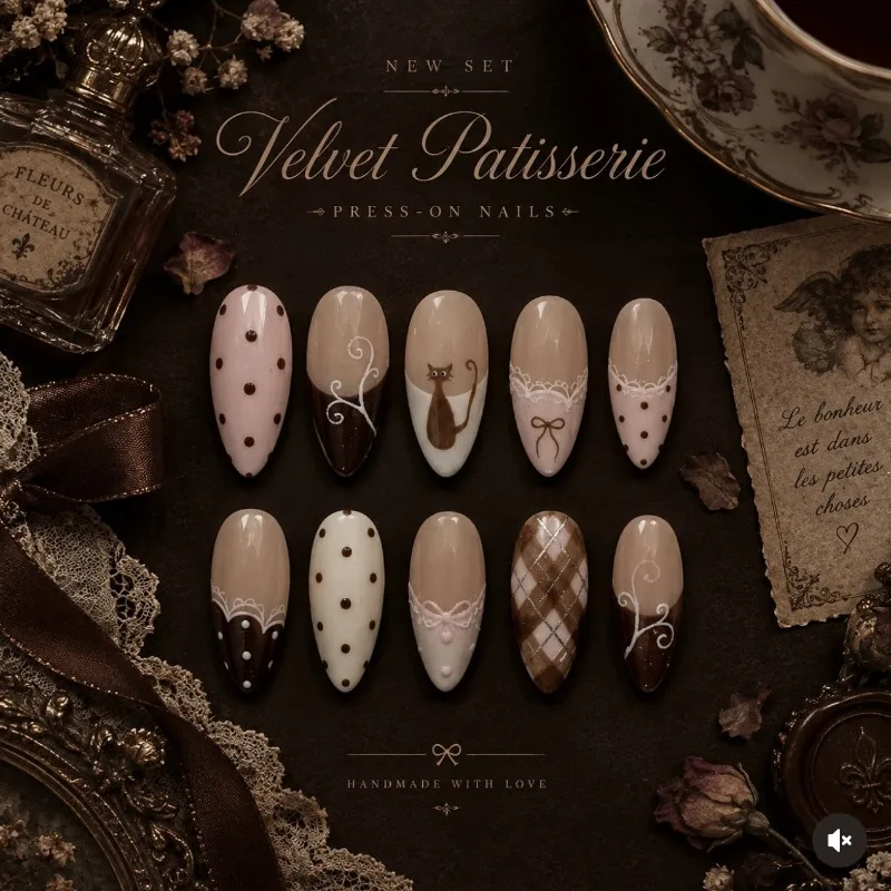 24PCS Retro Cat Almond False Nails Sweet Cool Pink Bow Plaid French Nail Tips Brown Polka Dots Lace Patterns Press on Nails Art