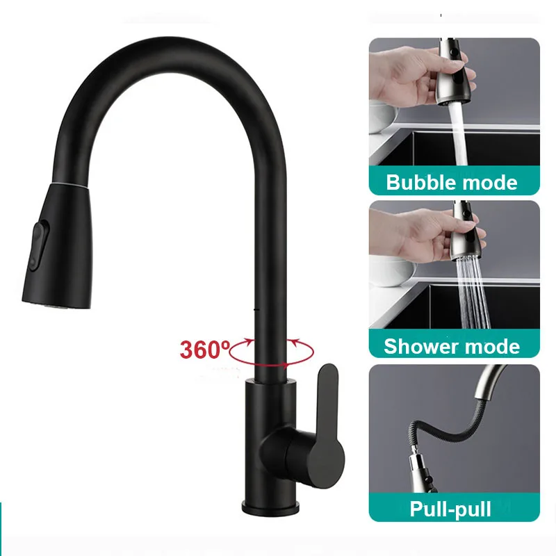 Pull Out Sprayer Kitchen Faucet, 304 Stainless Steel Single Lever Mixer Tap with Bubble & Shower Mode, 360 Rotate, Brushed/Black