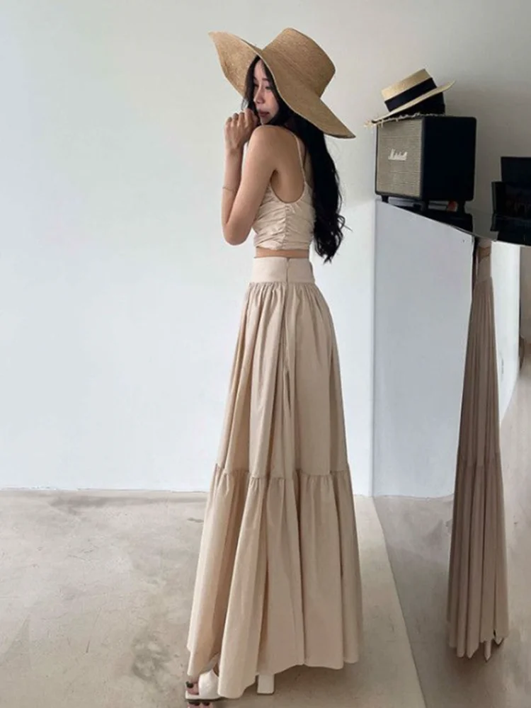 Summer Versatile Slim Short Camisole Suits Women High Waist A-Line Pleated Long Skirt Elegant Skirt Two Piece Set Women 2023