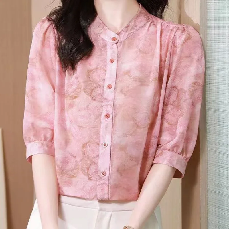 Elegant Fragmented Chiffon Single-breasted Shirt Women\'s 3/4 Sleeve Summer New Loose and Slim Shirt Covering Top Small Shirt