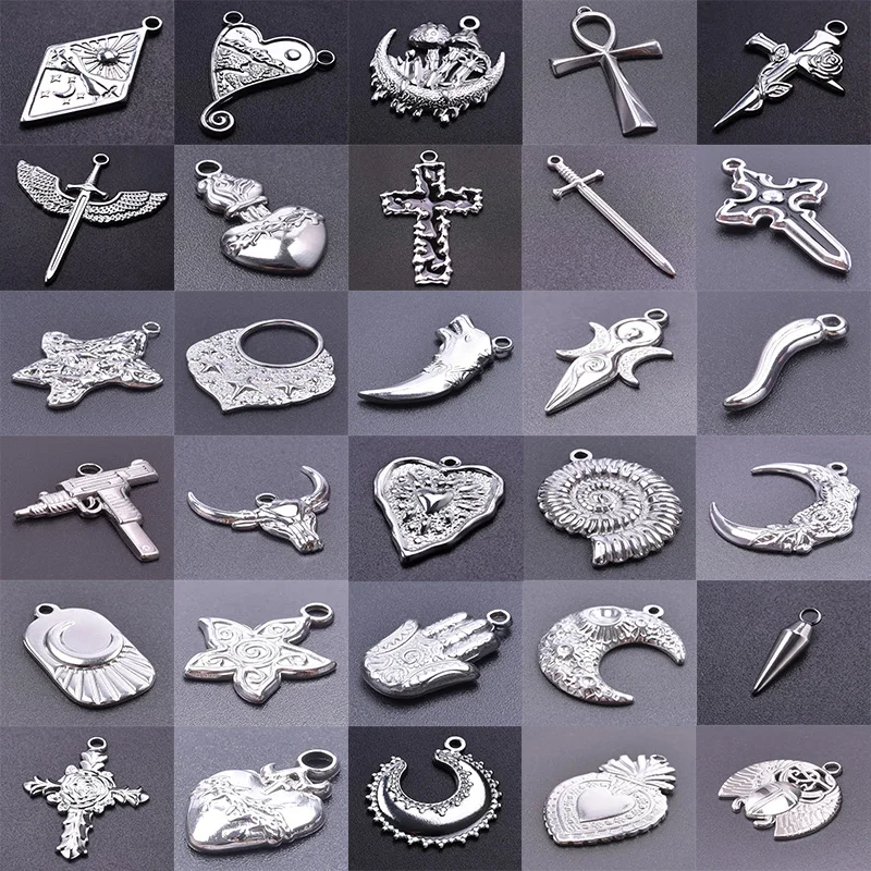 7 szt. Stal Nierdzewna Gotycki Egipski Krzyż Miecz Croix Charms Wiedźmiński Księżyc Gwiazda Święte Serce Chili Wisiorek Biżuteria Hurtowa