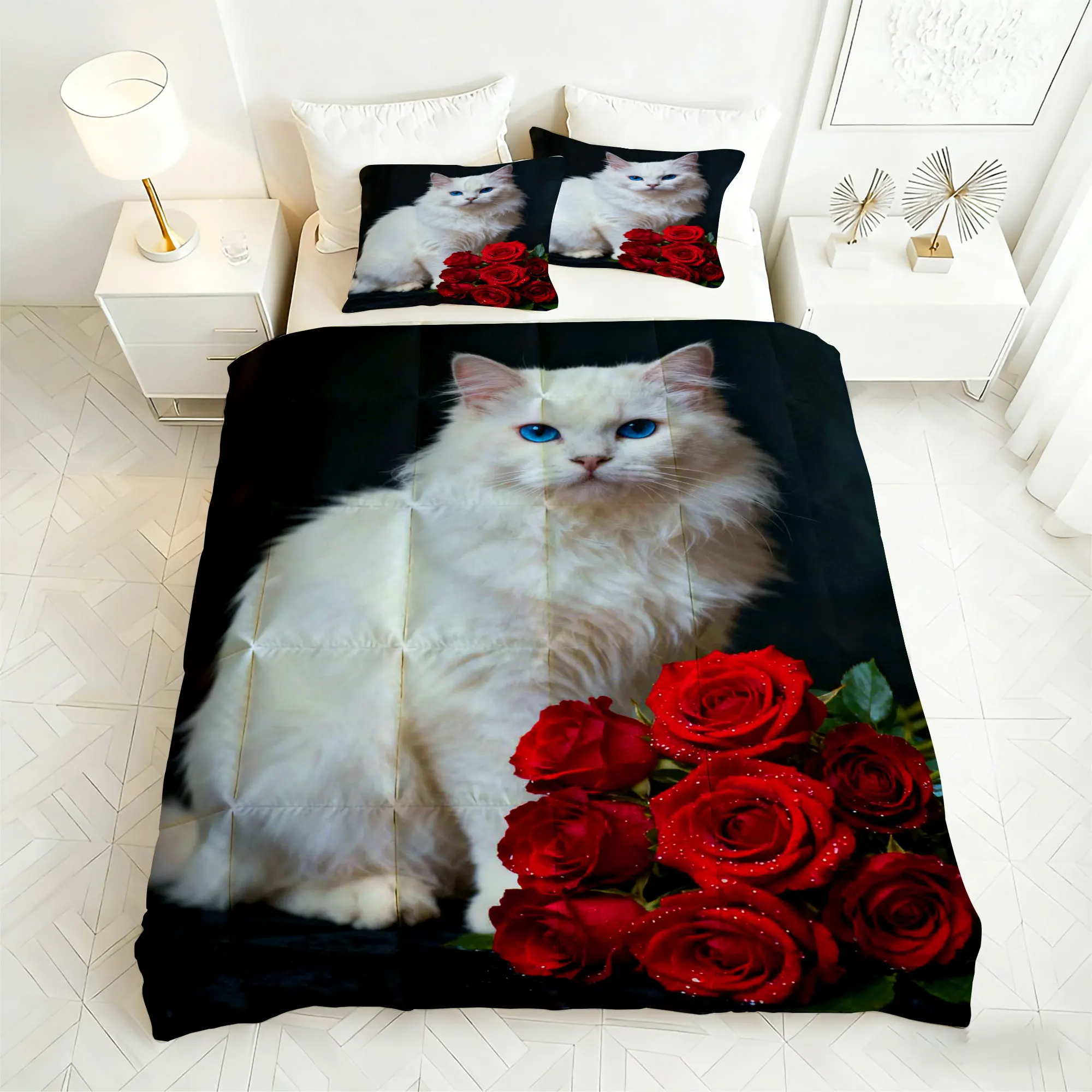 

3pcs Cat and Rose Comforter Bedding Set-1pc Comforter + 2pcs Pillowcases Soft Breathable for Home Decor（Style 01）