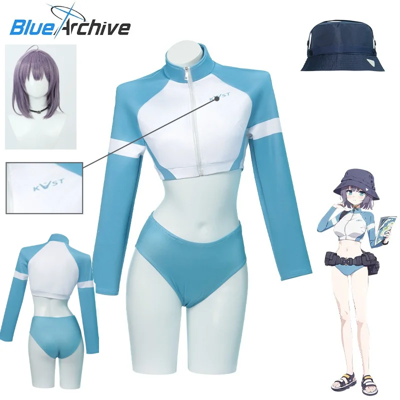 Blue Archive Sorai Saki Swimsuit Cosplay Full Set Blue White Rash Guard Suit Wig for Women Game Convention Halloween