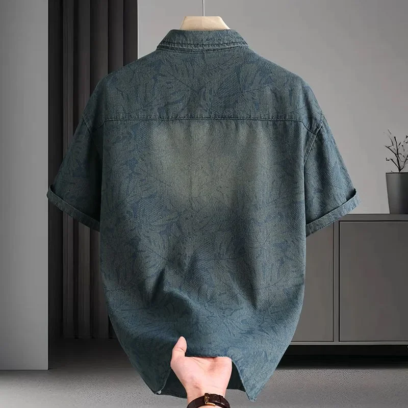Retro Denim Short Sleeved Shirt for Boys in Summer Thin and Loose Fitting Shirt with a Textured Design All Match Top