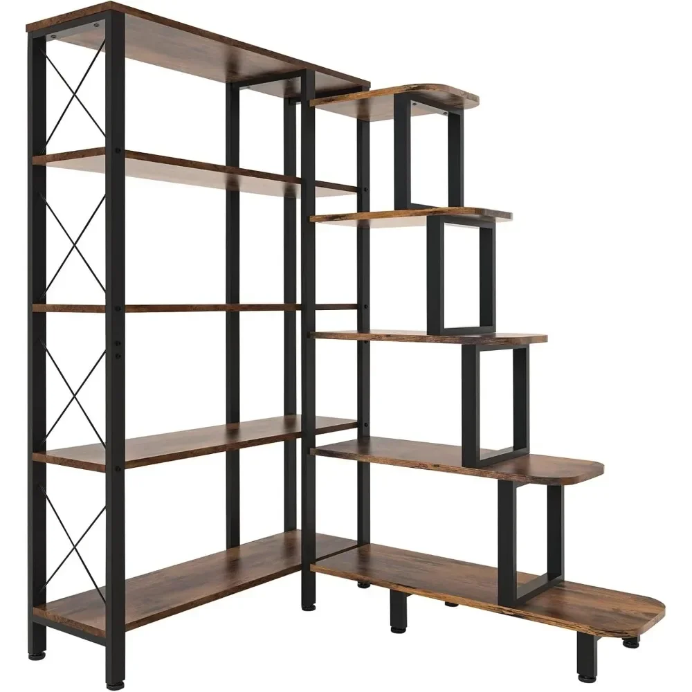 Large Corner Bookshelf Bookcase, Industrial Reversible 5 Tier Ladder Shelves Storage Display Rack with Metal Frame