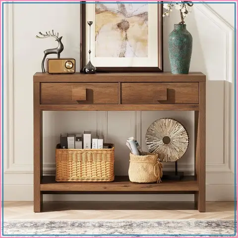 40 Inch Narrow Console Table with Drawers and Open Shelves