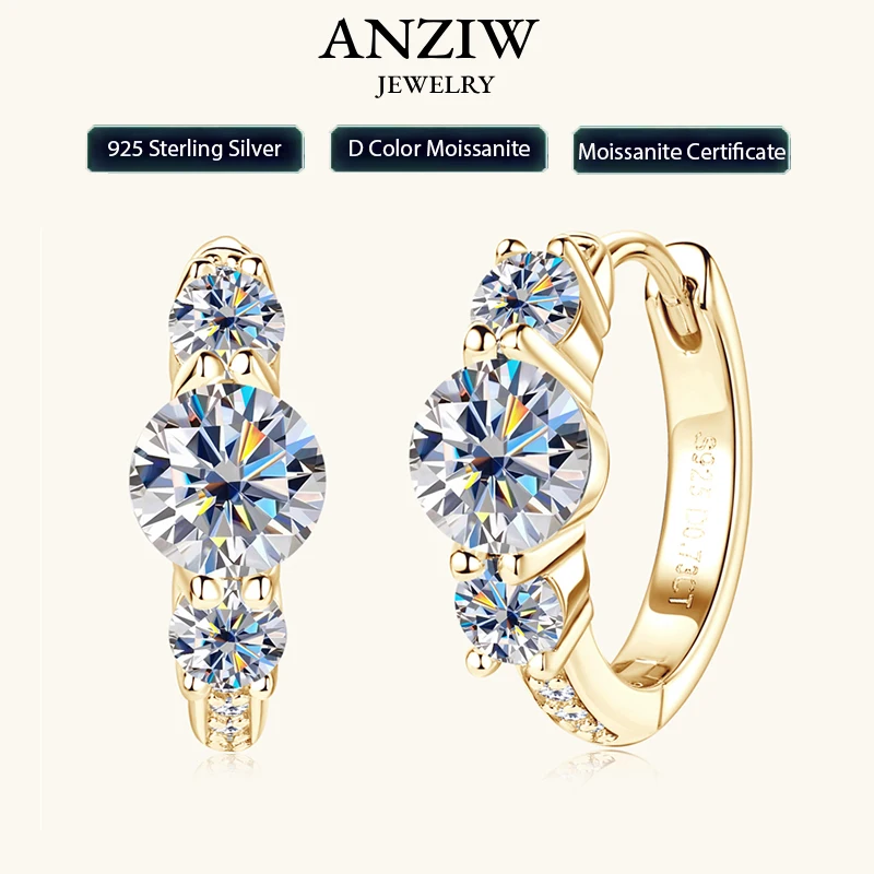 

Anziw Real 925 Silver 5mm Round Moissanite Three Stone Earrings for Women 2024 New Small Hoop Wedding Jewelry Valentine Day Gift