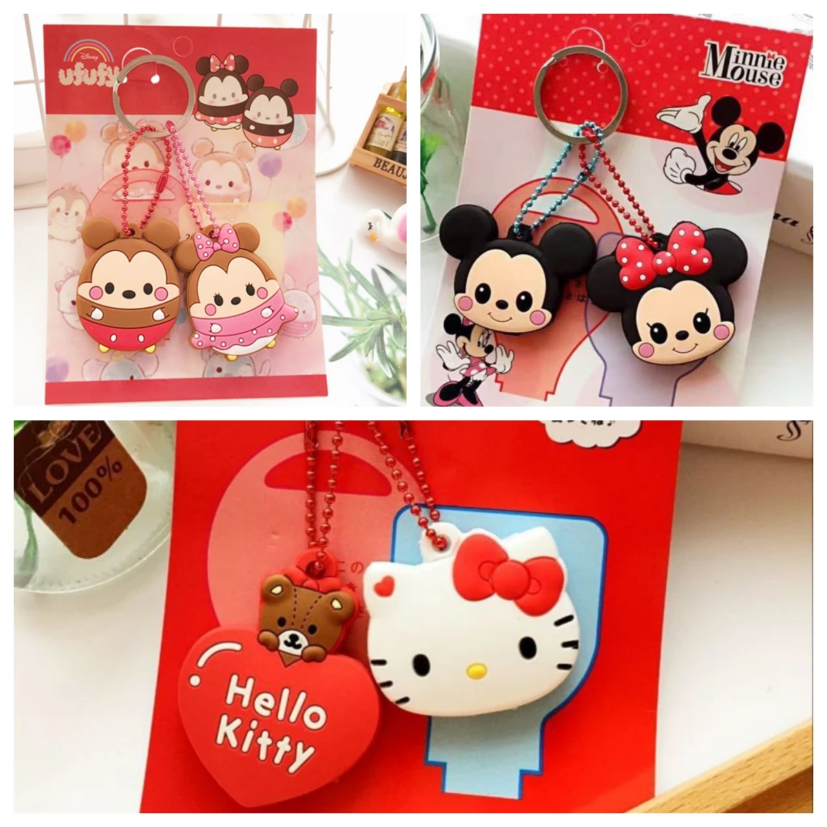 2pcs Disney Key Protective Cover Cartoon Mickey Minnie Key Chains Women Funny Key Holder Caps Kids Party Kawaii Gift