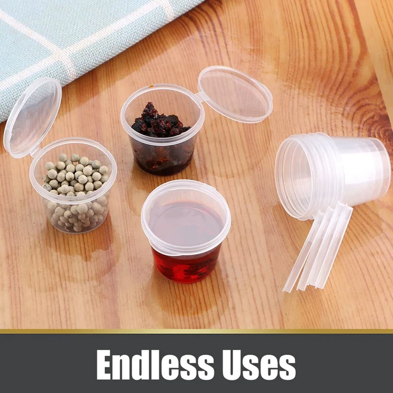 علبة تعبئة 100 قطعة حاويات بلاستيكية صغيرة مع أغطية، 25 مل أوعية صلصة صغيرة أوعية بلاستيكية أوعية جيلي لسلطات الصلصة
