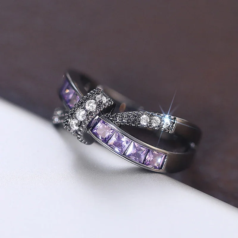 Huitan Special-interested Black Plated Purple CZ Rings for Women Vintage Female Accessories Daily Wear Party Personality Jewelry