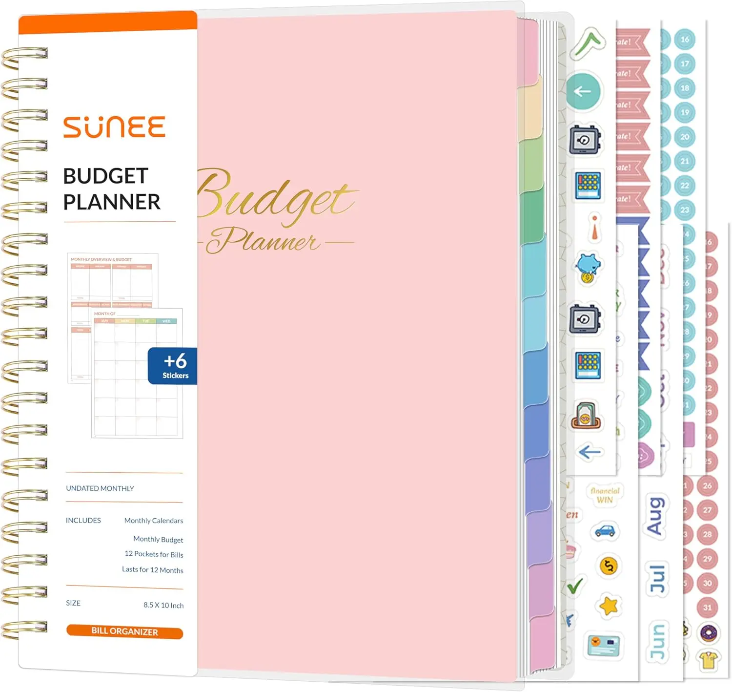 

Budget Planner with 12-Pockets for Bills, Undated 12 Month Expense Tracker Notebook, B5 Size (8" x 10"), Pink
