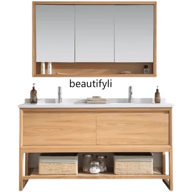 

American Wood Color Bathroom Cabinet Nordic Solid Wood Hand Washing Face Basin Floor Washstand
