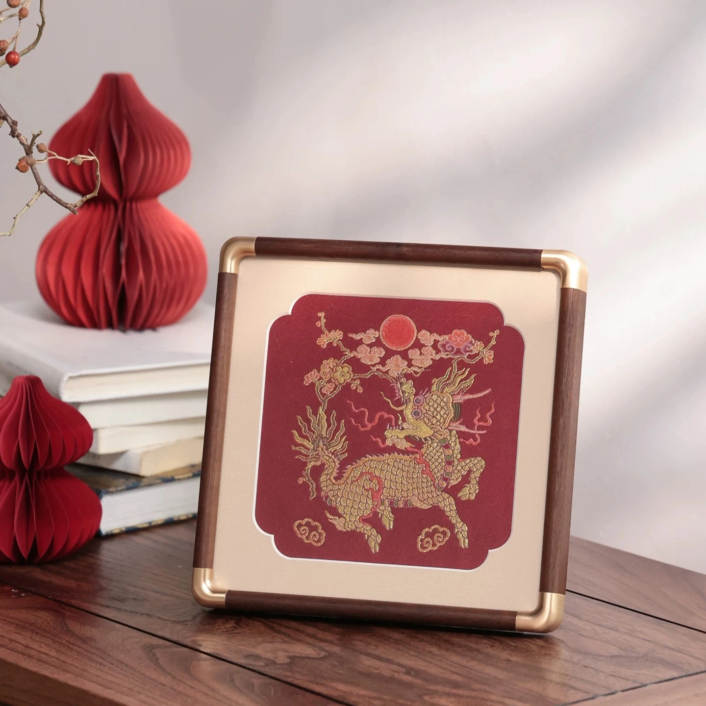 Heritage Embroidery Painting Ornament New Chinese Qilin Fortune Frame Living Room Entryway Desktop Tabletop Decoration Gift