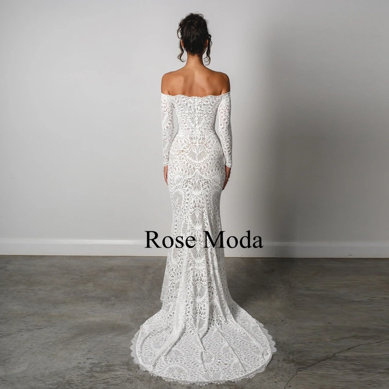 Rose Moda Off the Shoulder Long Sleeves Lace Wedding Dresses Boho Destination Bridal Gown Custom Make