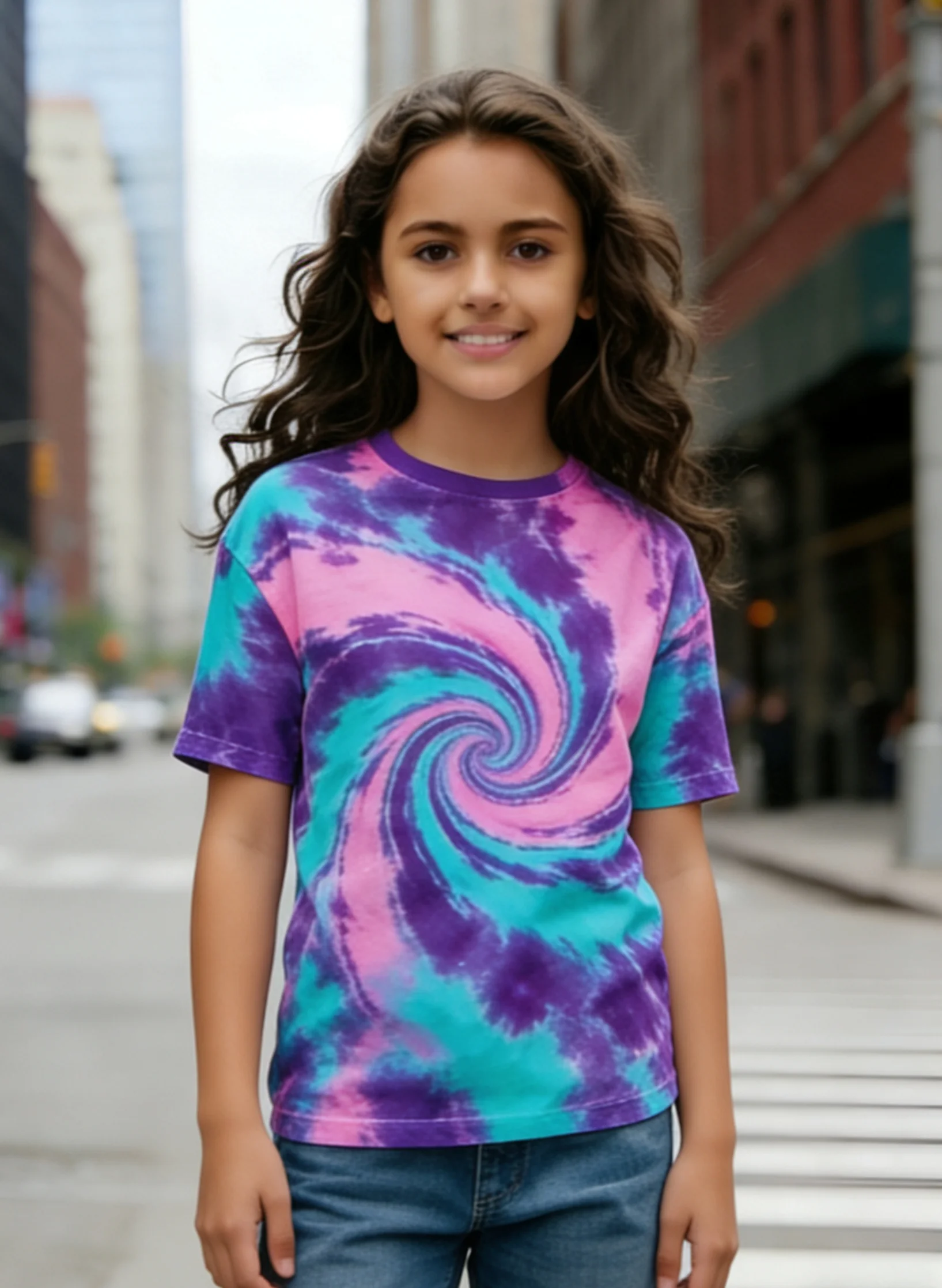 2025 hot-selling children's tie-dye T-shirt spiral purple-pink turquoise neutral short-sleeved cotton summer casual T-shirt,