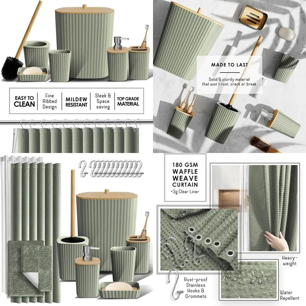 

Light Sage Green Bathroom Accessories 22-Piece Set with Shower Curtain and Rugs