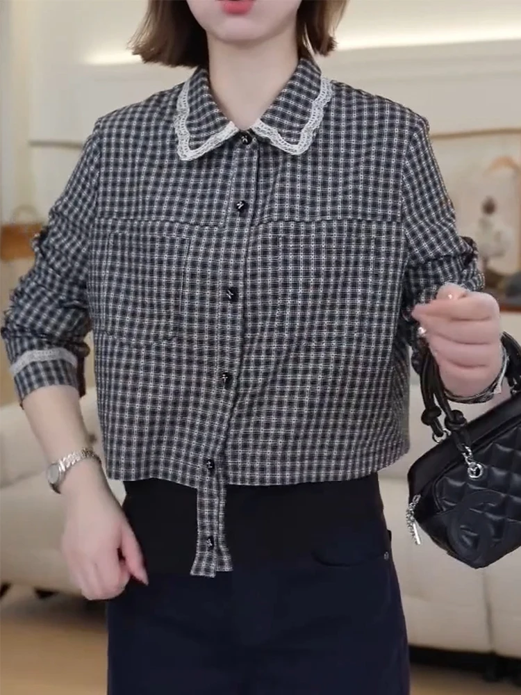 

Корейский лоскутный кружевной клетчатый удобный топ для похудения для поездок на работу, осеннее новое поступление, повседневная одежда больших размеров