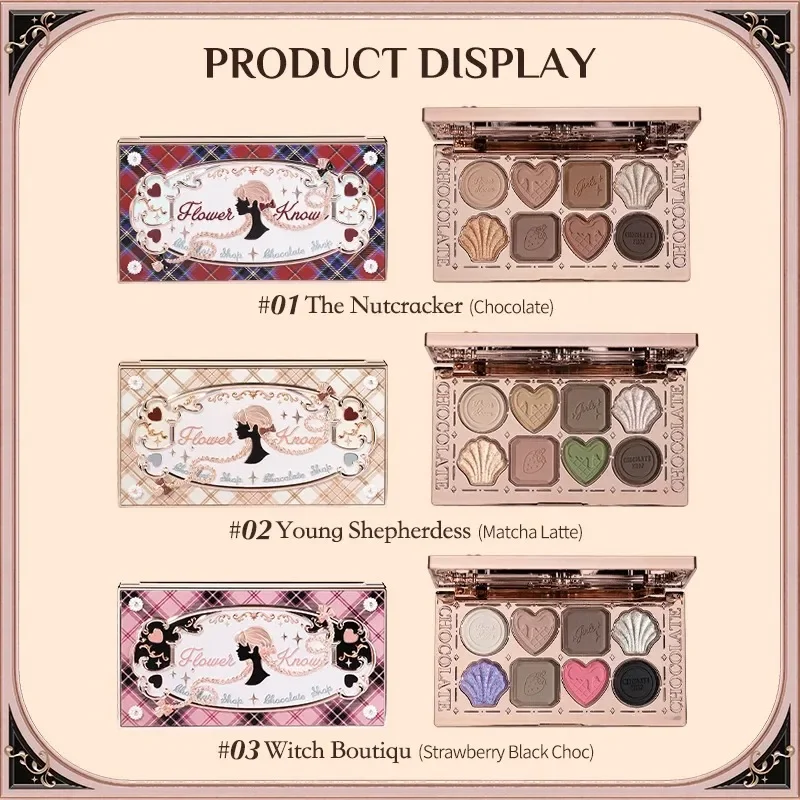 Flower Knows Chocolate Loja Eyeshadow Palette, Shimmer, Matte, Camaleão, Pressionado Glitter, Long Lasting Eye Shadow, 8 Cor