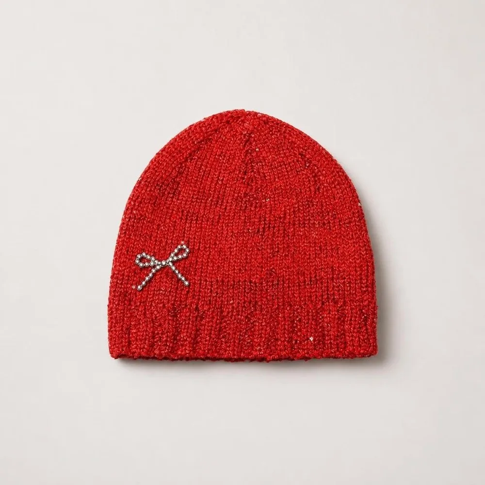 Rhinestone Bow Decor Knit Beanie Hat Lightweight Warm Lining Glitter Knitted Winter Cap Stretchy Elastic Casual Knit Hat