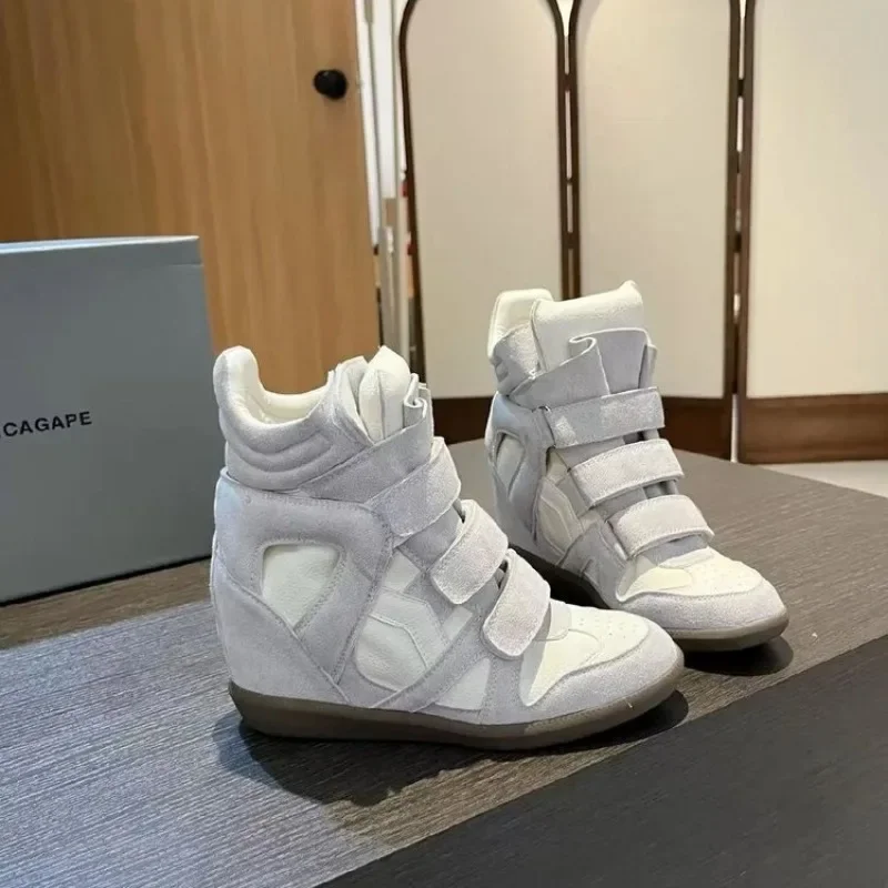 Lady Hidden Wedge High Top Sneakers, Multi Velcro Strap Patchwork Suede Shoes, Inner Heel Trendy Chic Versatile Daily Shoes