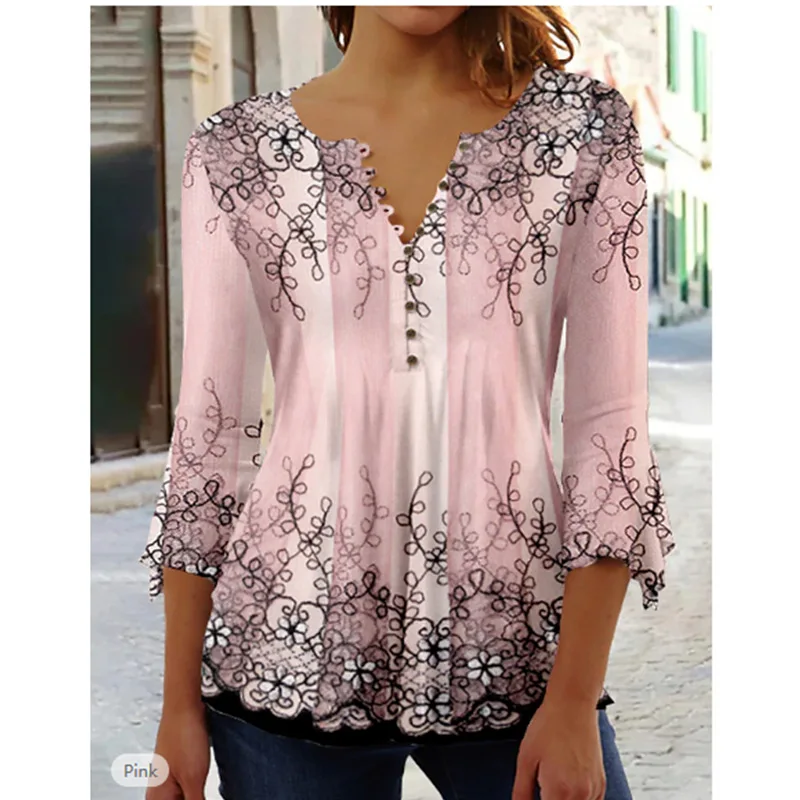 

Spring And Summer Women's Fashion Ruili Flower V-Neck Button Slim Fit T-shirt Elegant Women's Printed 3/4 Sleeve Casual Blouse