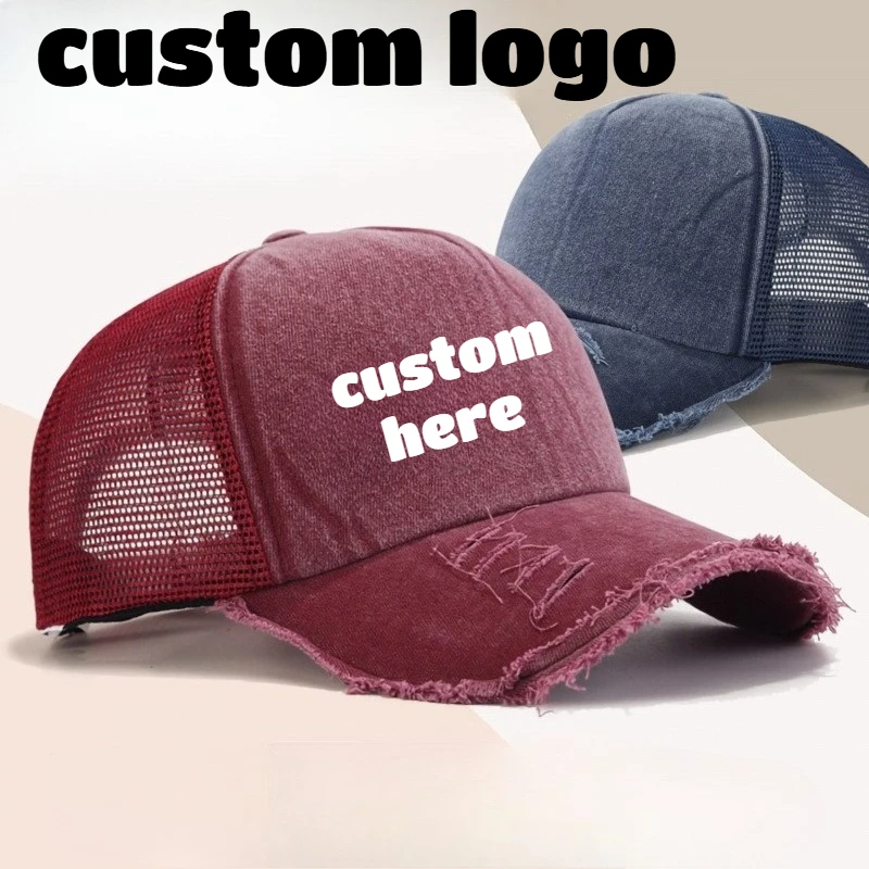 Custom Logo Print Embroidery 5-Panel Washed Solid Color Light Board Baseball Cap Mesh Men Women Casual Breathable Trucker Cap