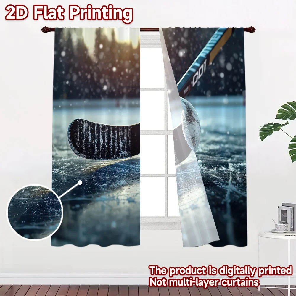 2D flat 2pcs Curtain Home Short Curtains Frosty Hockey Stick and Puck Digitally printed polyester, colorfast Holiday Decorations