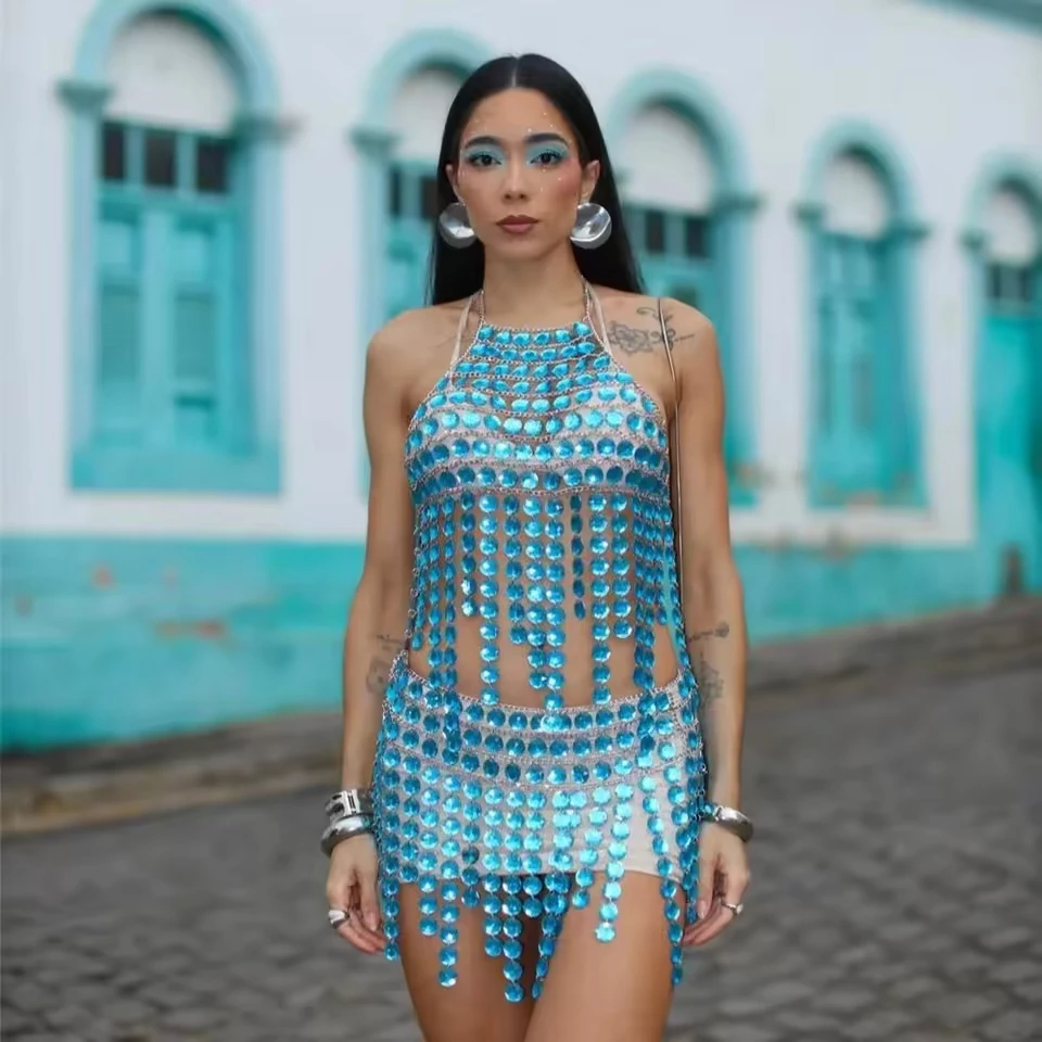 European And American New Blue Rhinestone Multi-Layer Tassel Chest Chain, Holiday Halter With Adjustable Summer Top Set