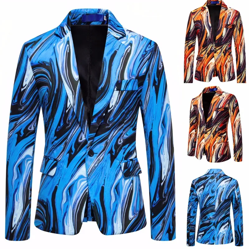 2 Colors New Men\'s Fashionable Color Printed Casual Single Button Suit Jacket Men Blazer Slim Fit
