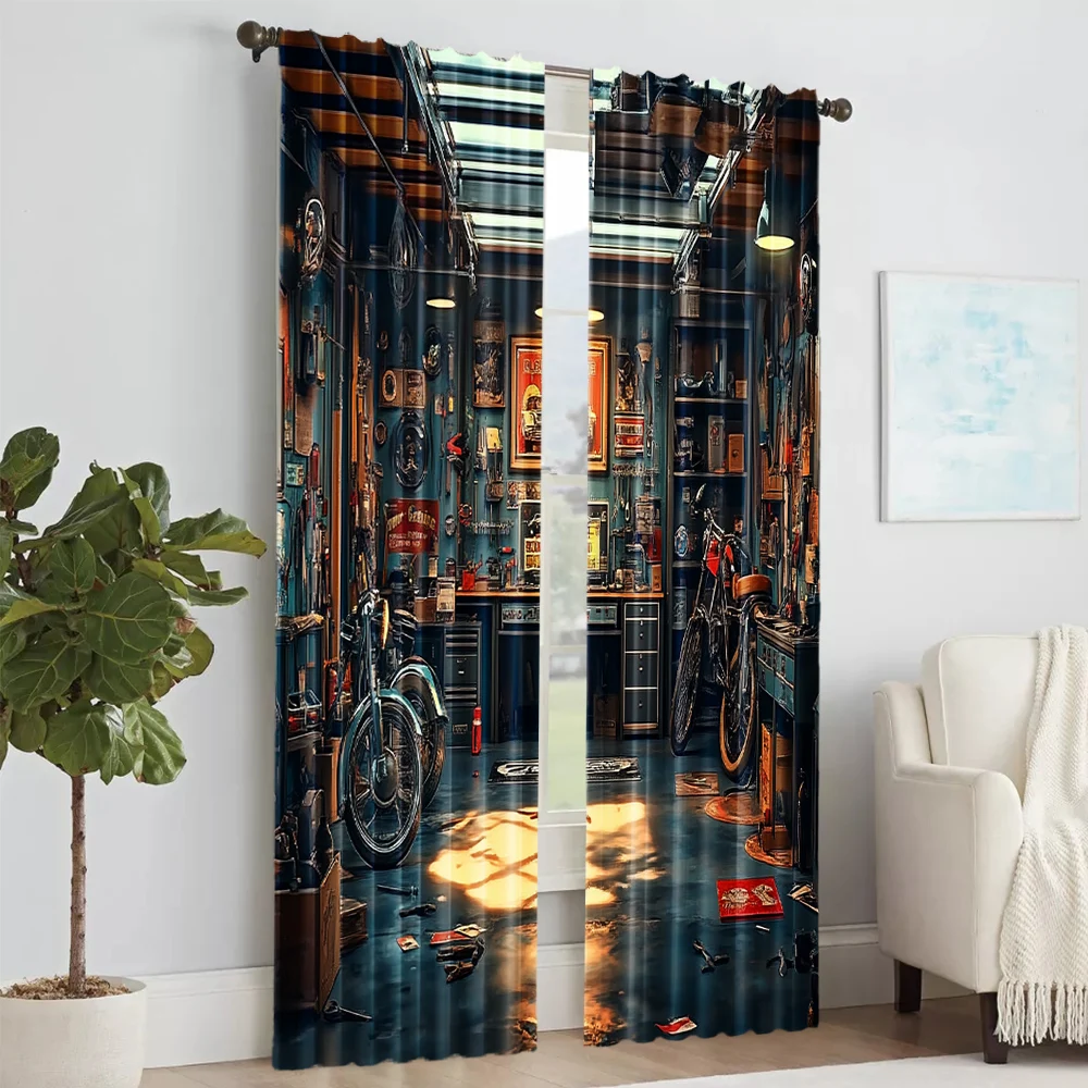2 pcs, versatile polyester transparent curtains for home decoration Vintage Car & Tools Garage for use in bedrooms and living
