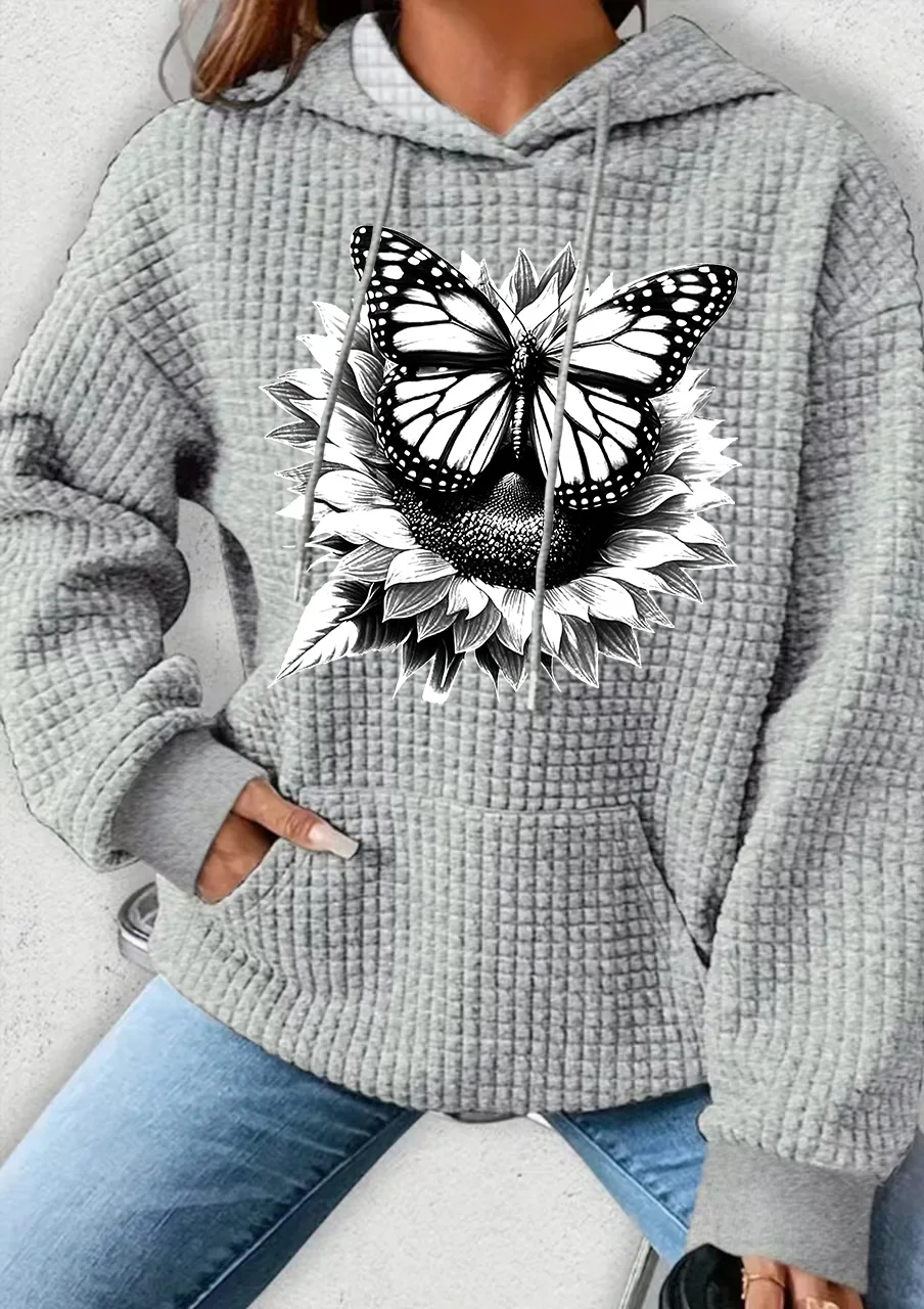 

Женская одежда больших размеров, вафельные вязаные топы для женщин, большие толстовки с цветочным принтом и бабочкой для женщин, толстовка с карманами