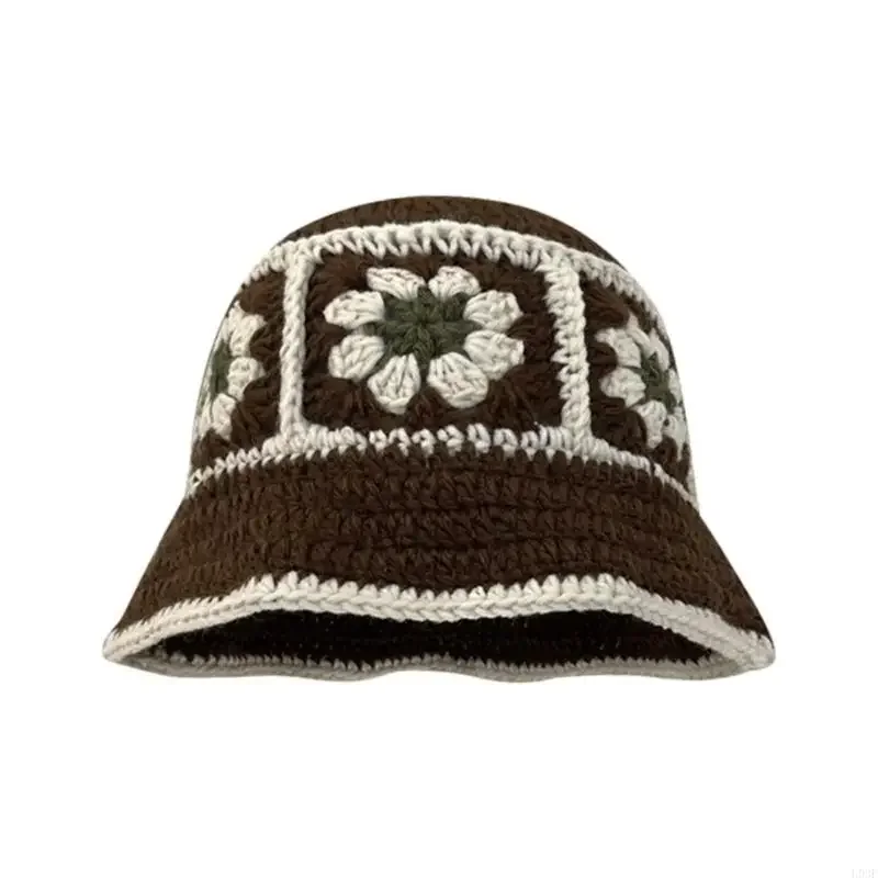 

L93F Knit Flower Bucket Hat for Woman Breathable Multi-color Weaving Wide Brim Bucket Hat Adult Teens Summer Fisherman Cap