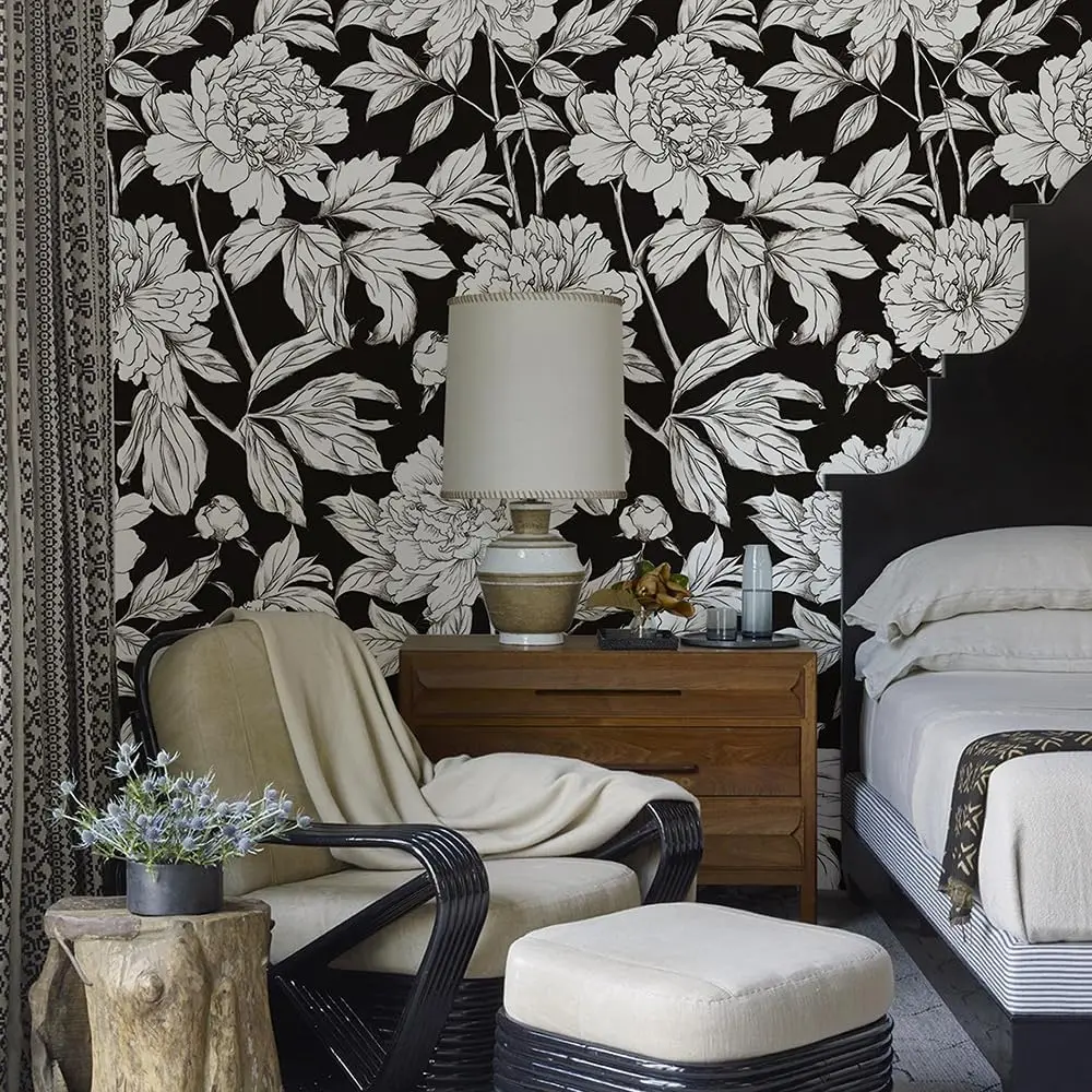Vintage White Floral Peel and Stick Wallpaper Boho Black Samoprzylepna tapeta zdejmowalna do dekoracji ścian sypialni