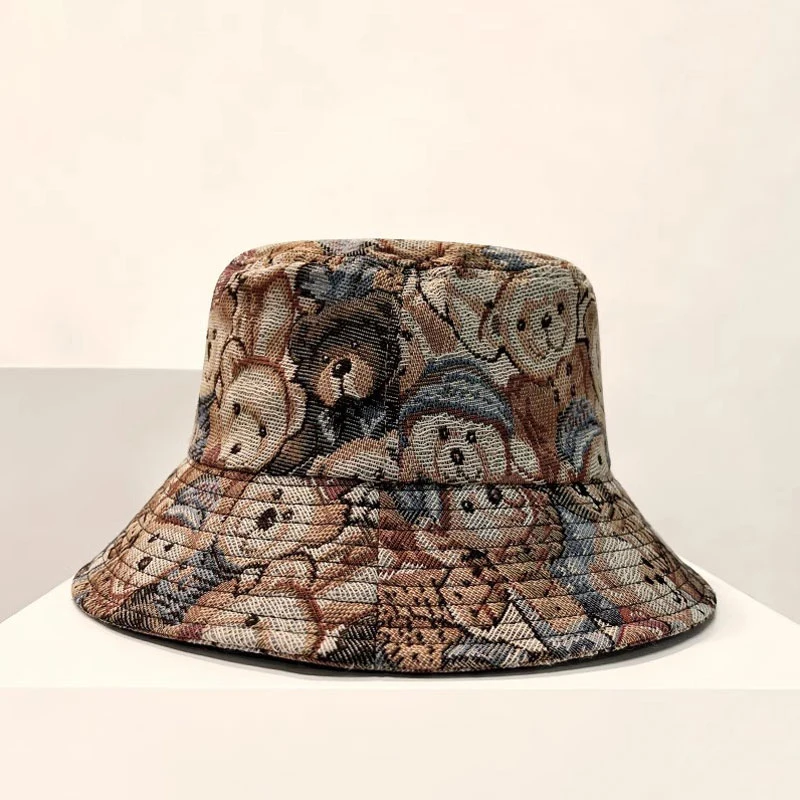 Cute Bear Print Bucket Hat Summer Outdoor Sports Travel Beach Fishing Sun Hat Unisex Adjustable Bucket Cap