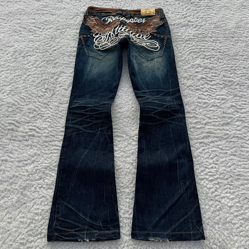 

Harajuku Retro Cheetah Wing Pattern Embroidery Unique Shaped Back Pocket Jeans Y2K Fashion Men Women Hip Hop Trend Streetwear
