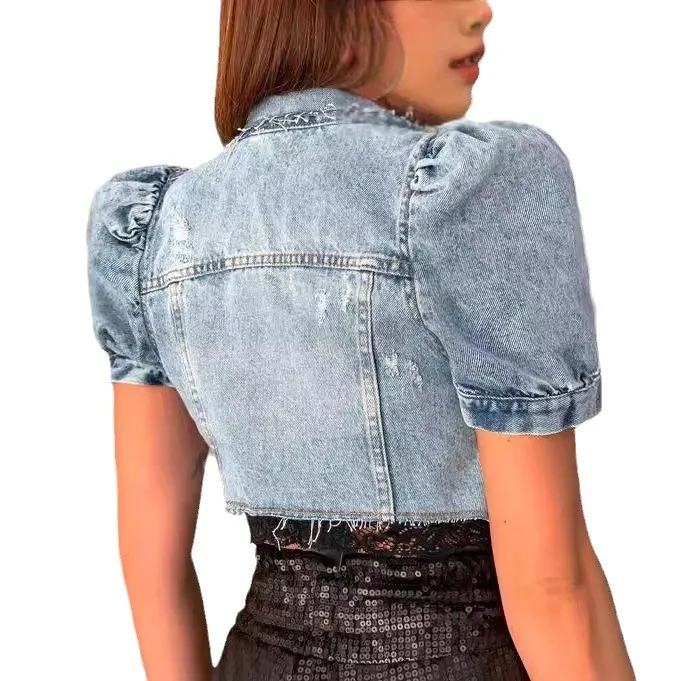 Women Denim Jacket Crop Light Blue Wash Jean Jacket Slim Fit Button Front Denim Jackets Ripped Turn Down Collar Jean Jackets