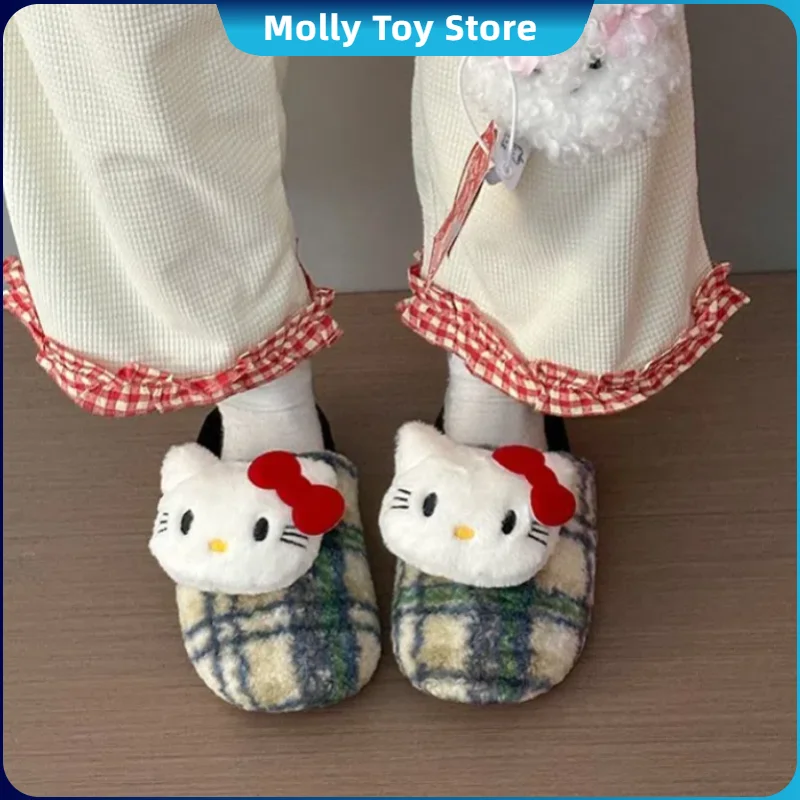 Sanrio Hello Kitty Hermal Insulation Cotton Slippers Y2k Retro Stripe For Women Winter Plush Eva Thick Bottom Home Indoor Gifts