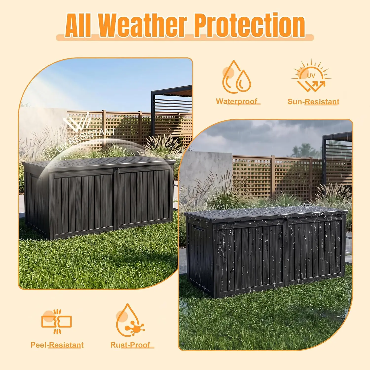 Outdoor Storage Box, 400 Gallon Waterproof Resin Deck Box with Support Rod