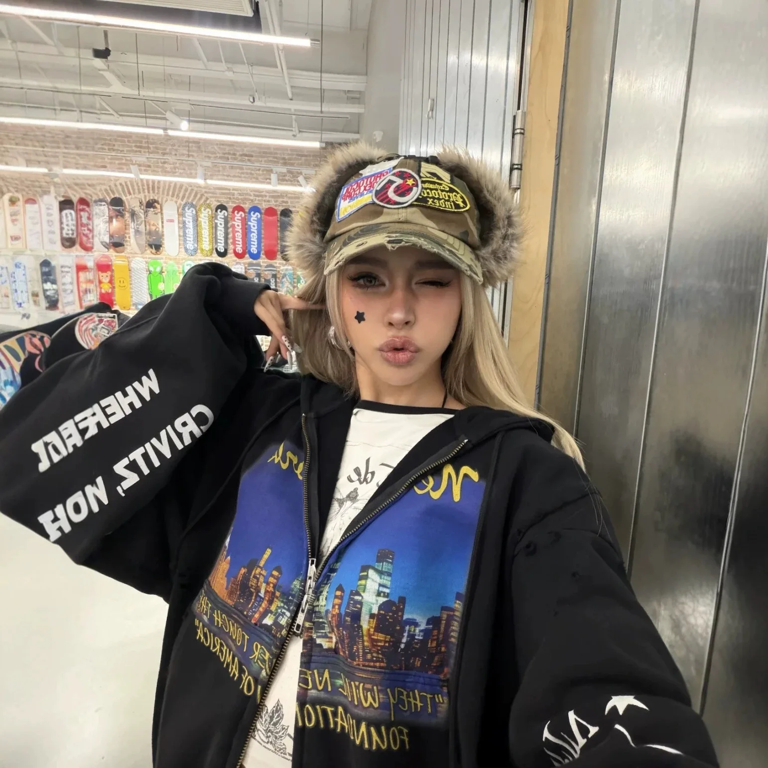 Grailz Patchwork Washed Vintage Damaged Night Scene Textured Print Zip-Up Hoodie Protocol Index