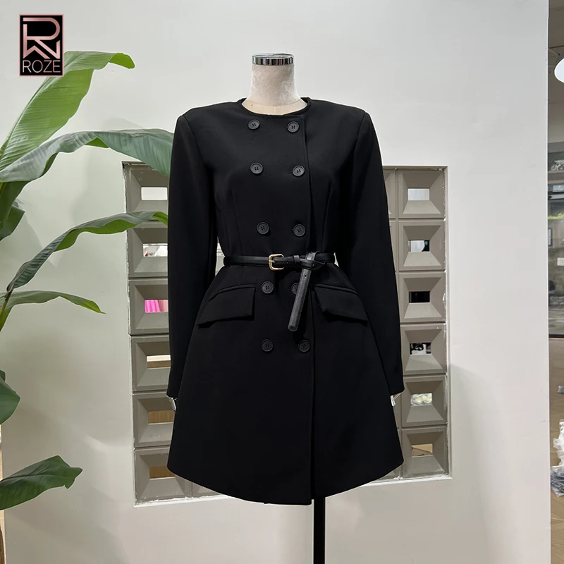 

Элегантные однотонные туники на пуговицах для женщин, лоскутные ремни с круглым вырезом и длинными рукавами, вечерние куртки, женская мода, новинка