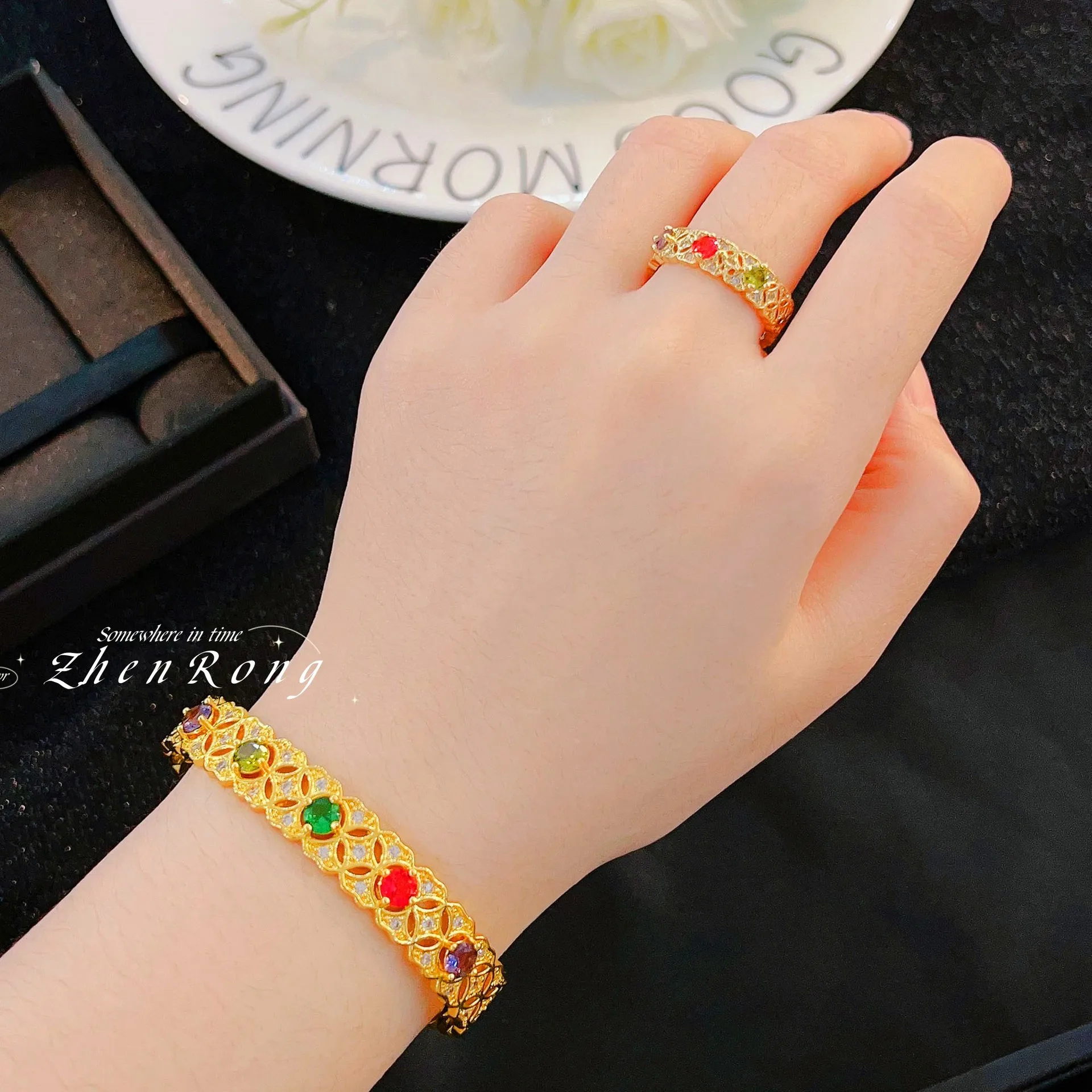 Vintage colored diamond silver ring strip ring women's niche design bracelet open bracelet