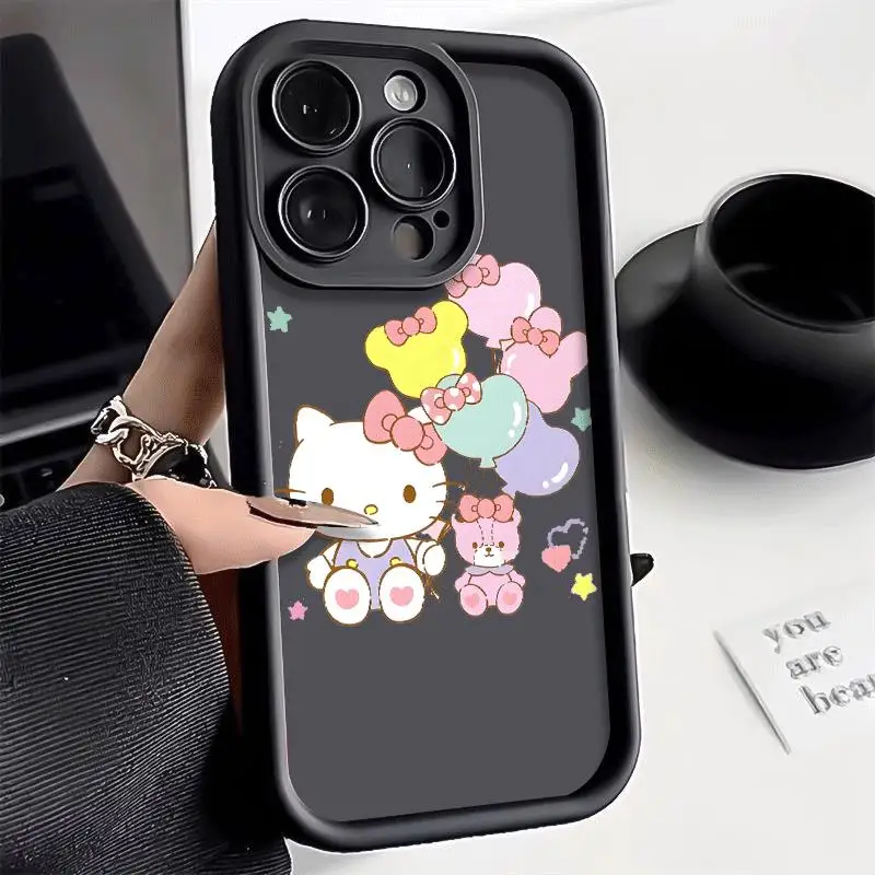 Comic Cute Sanrio Hello Kitty for Apple Iphone 16 15 14 13 12 11 XS XR X Pro Max Plus Slip Anti Fall Measures Women Green Case