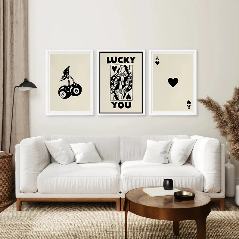 Retro Colorful Trendy Lucky You Canvas Poster Queen of Hearts Ace Card Cherry Ball Prints Funky Wall Pictures Home Room Decor