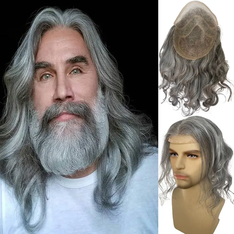 

Toupee For Men's Wig 12'' Long Hair Natural Wave Replacement System for Men 10"x8"Base Size 1B Human Hair Mixed 80% Grey Hair