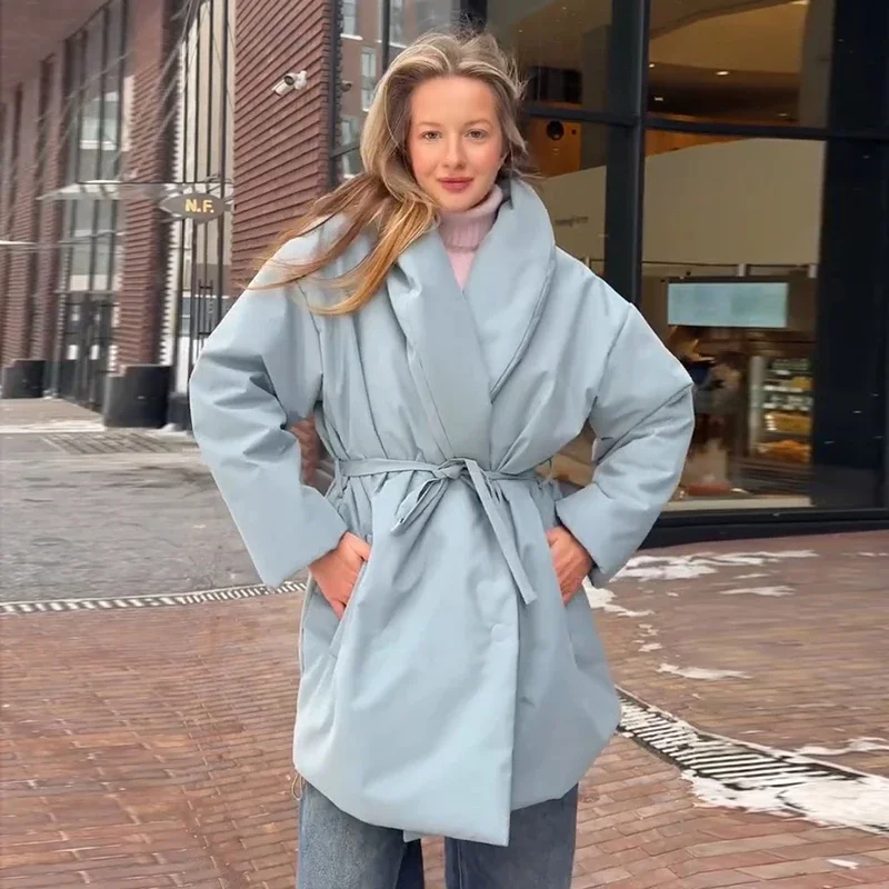 Casual Solid Loose Thicken Coat Women Lapel Full Sleeve Lace Up Single Breasted Female Coats Female 2026 Winter Lady Jacket