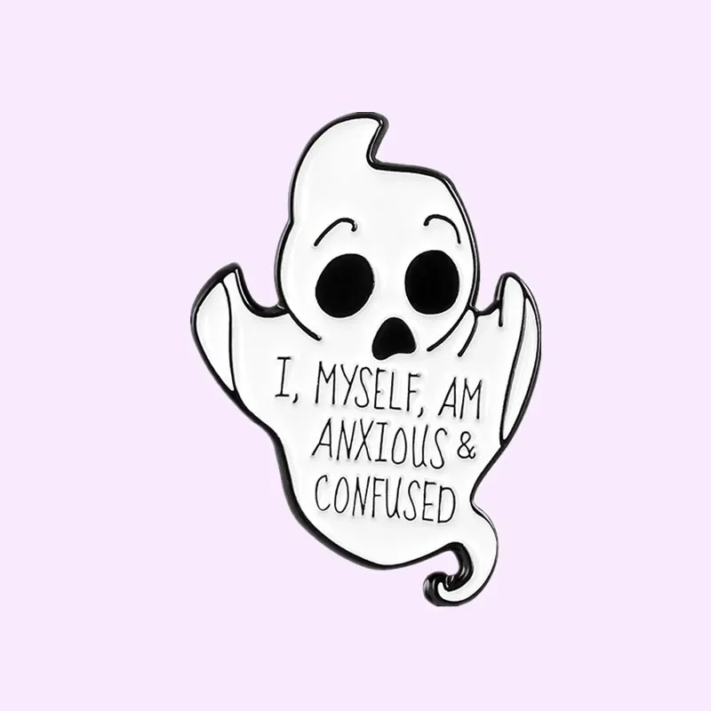 Custom Cute Ghost Punk Funny Baby Enamel Pin Brooch Shirt Lapel ANXIOUS CONFUSED Badge Specter Jewelry Gift for Friend Wholesale