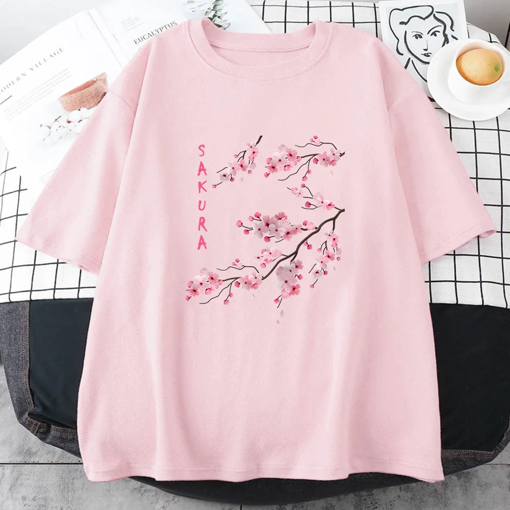 Sakura Cherry Blossom Women\'s T-shirt 100% Cotton Short Sleeve T Shirt Funny Lovely Print Tee Shirt Female Clothing High Quality