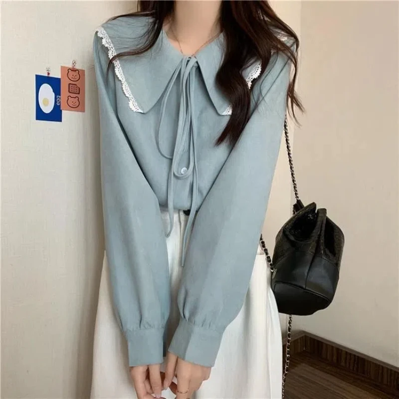 Spring New Long Sleeve Loose Casual Blouse Lacing All-match Solid Color Youth Korean Shirt Tops Fashion Sweet Women Clothing